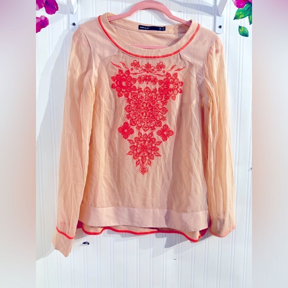 Karen Millen Embroidered Peach and Orange Women's Top‎ Size 8